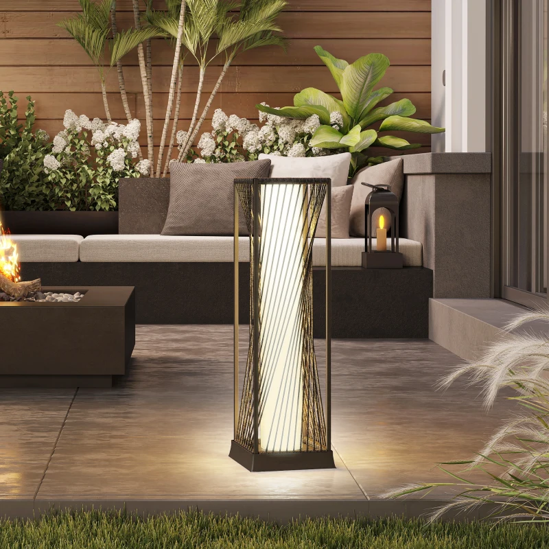 Outsunny Staande Zonnelamp Rattan met Lichtsensor 25 LED Zonnepanelen in Boho-Stijl IP44 Waterdicht Zwart+Grijs