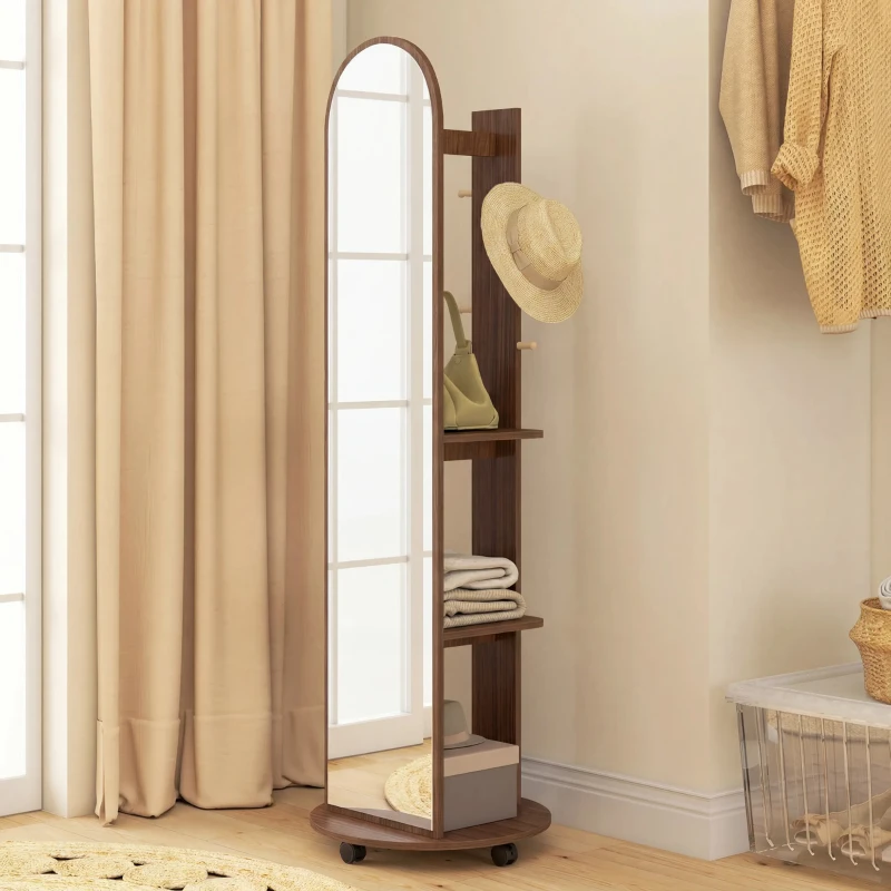 HOMCOM 2-in-1 Full Length Mirror with Storage Shelves, Floor Mirror with 4 Wheels, Coat Rack, Hooks, Brown Wood Effect