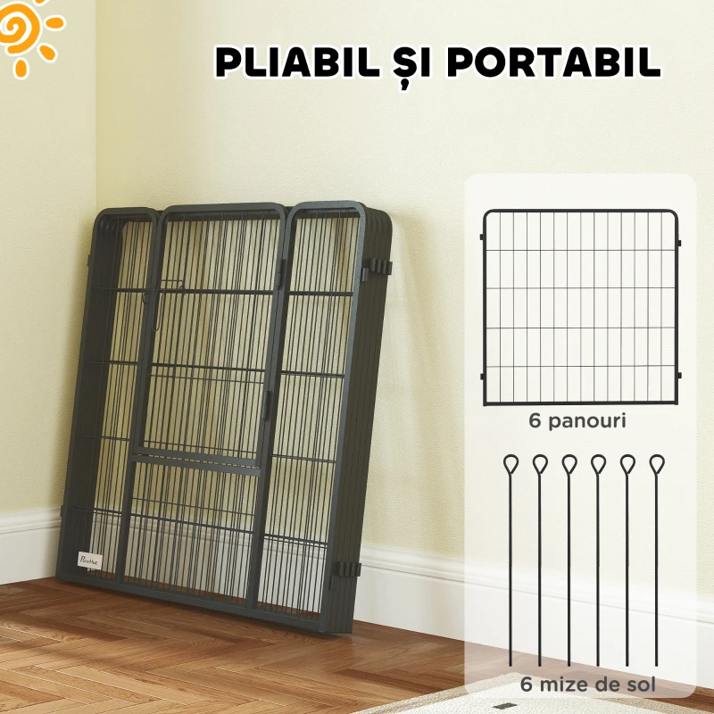 PawHut Țarc pentru câini cu 6 panouri modulabile, pliabil, cu ușă din oțel, înălțime 80 cm, gri închis