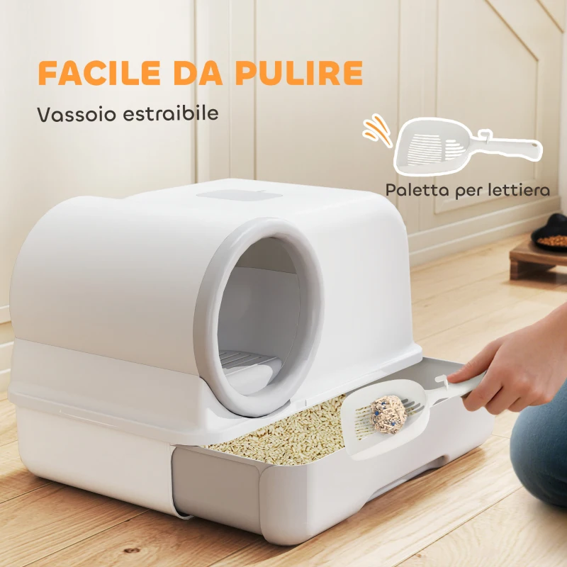PawHut Lettiera per Gatti Chiusa con Vassoio, Paletta e Sacchetti Deodoranti, in PP, 59x39.5x39.5 cm, Bianco e Grigio
