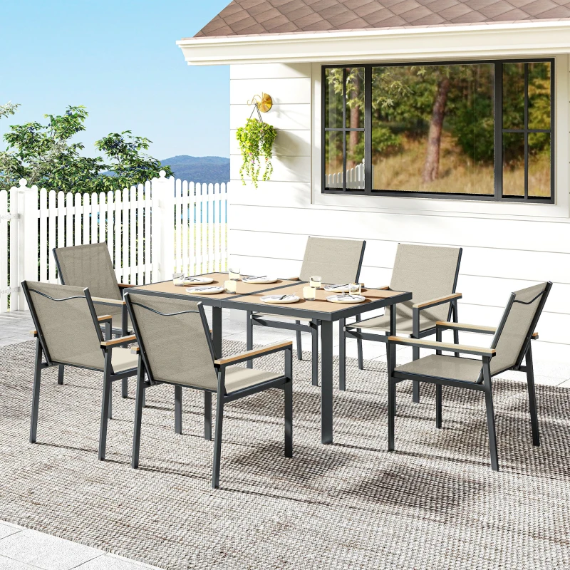 Outsunny Seven-Piece Metal Garden Dining Set, with Glass-Top Table - Khaki