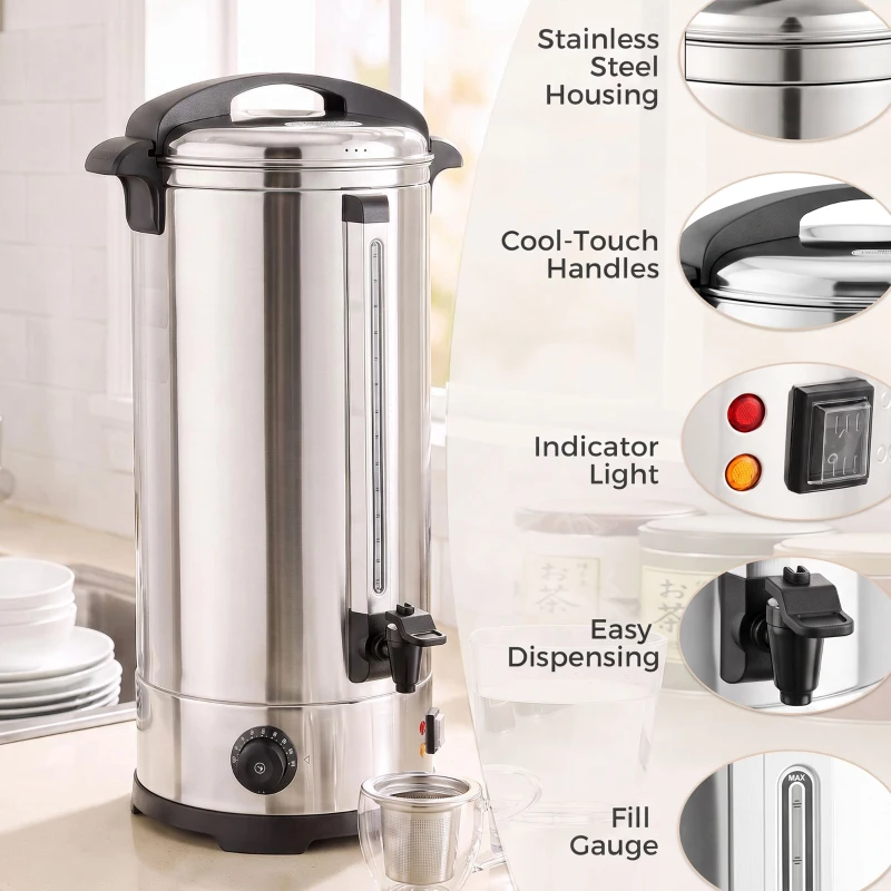 HOMCOM 24L Catering Urn, 2500W Stainless Steel Hot Water Boiler Dispenser with Thermostat, Keep Warm Function and Easy Pour Tap