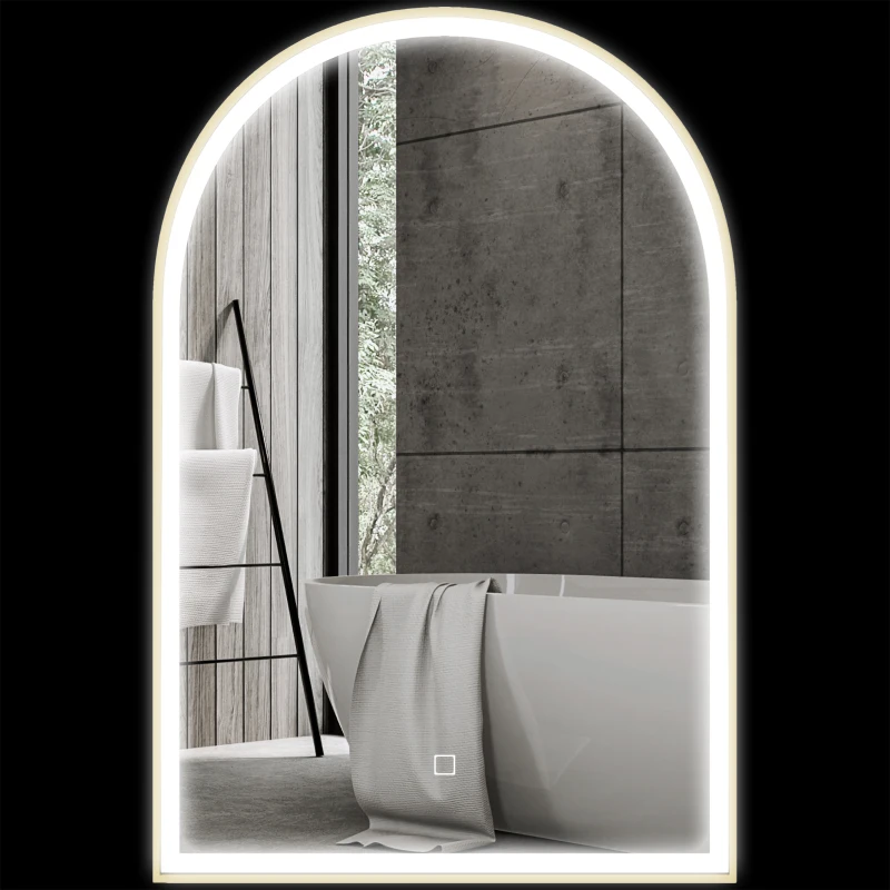 HOMCOM 90 x 60 cm Bathroom Mirror with LED Lights, Anti-Fog Arched Vanity Mirror with 3 Colour Dimmable, Gold Tone