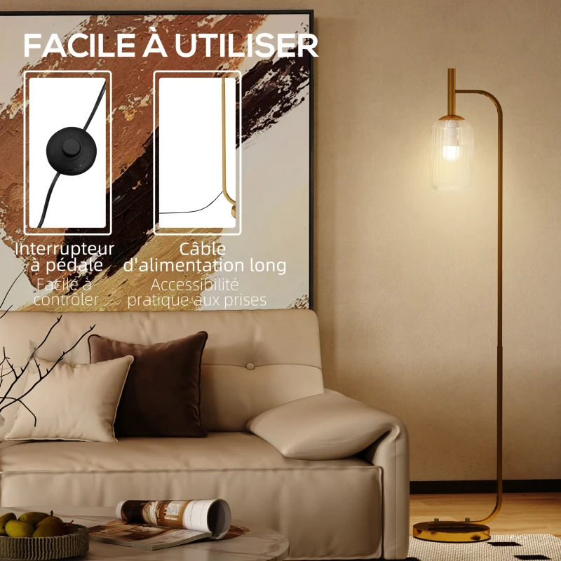 HOMCOM Lampadaire sur pied salon lampe sur pied avec abat-jour en verre texturé interrupteur à pied 29 x 25 x 152 cm métal or