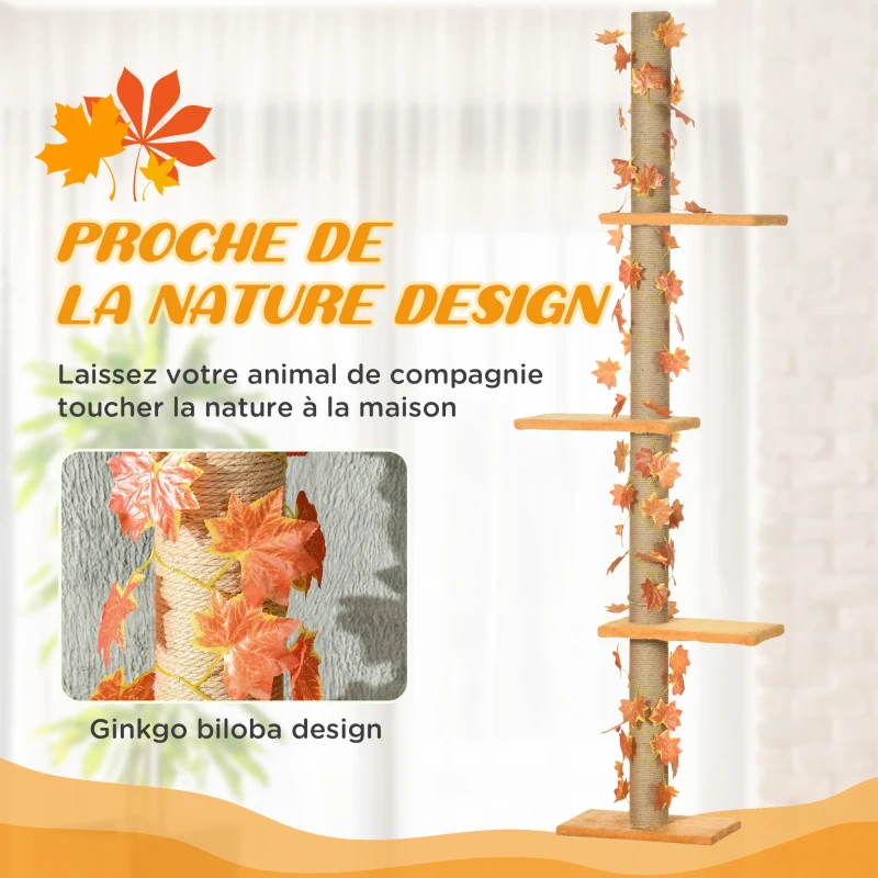 PawHut Arbre à chat hauteur réglable 202-242 cm avec feuilles décoratif, griffoir et plateformes en tissu peluche orange