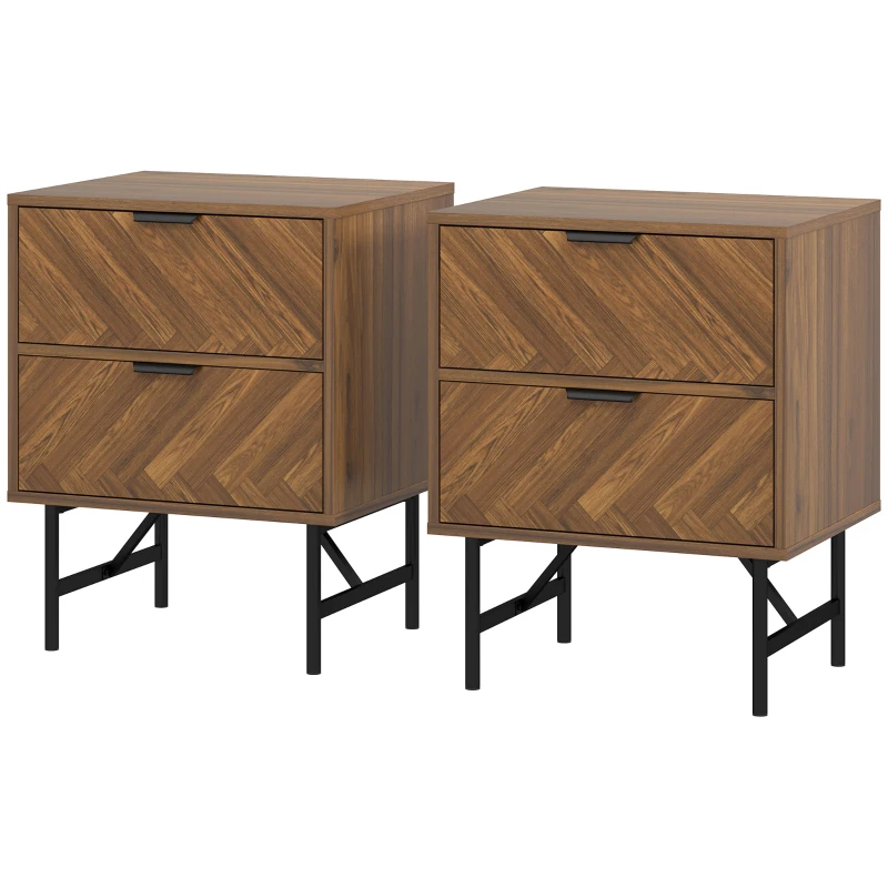 HOMCOM Bedside Table Set of 2 with 2 Drawers, Modern Side Tables with Herringbone Pattern and Metal Legs for Bedroom, Living Room, Walnut Brown