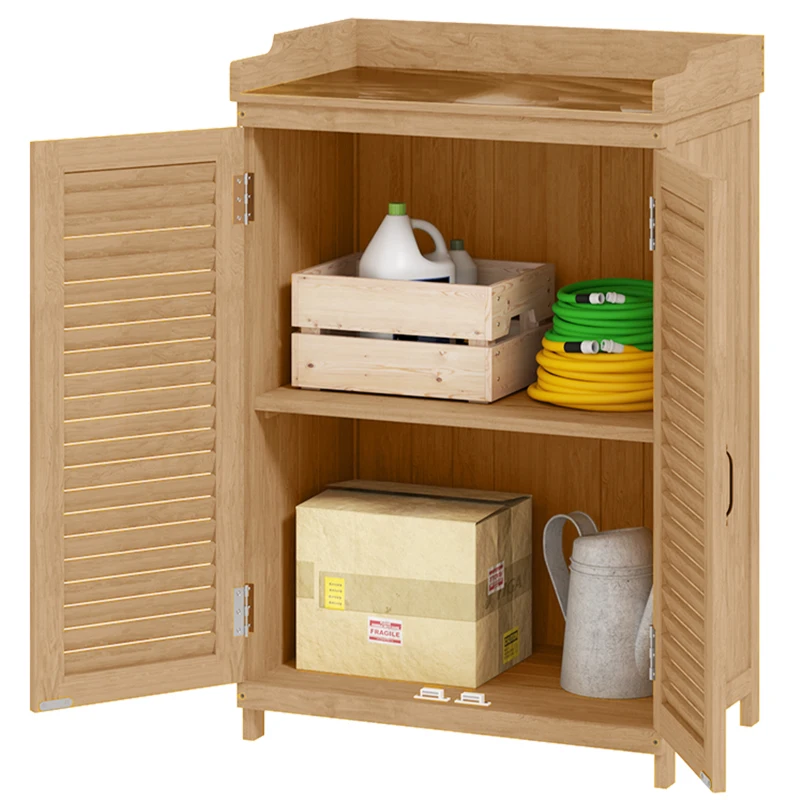 Outsunny Tuinkast van Hout met Werkoppervlak, Weerbestendige Gereedschapskast, 65,5x40x98,5cm Geel