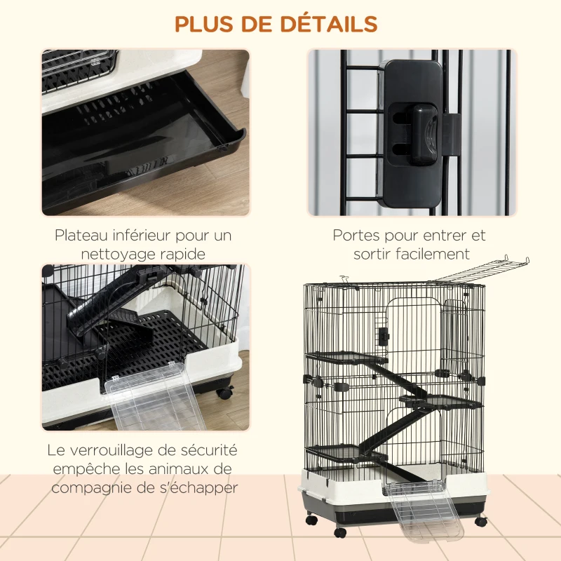 PawHut Cage pour petits animaux roulante 3 plates-formes démontables 3 rampes plateau inférieur amovible métal PP 81,2 x 52,7 x 114 cm noir
