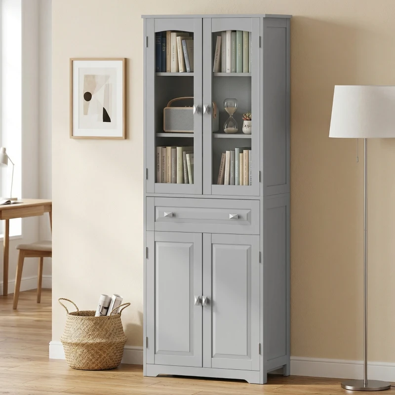 HOMCOM Freestanding Kitchen Cupboard, Storage Cabinet with 2 Adjustable Shelves, Drawer and Glass Door for Living Room, Grey