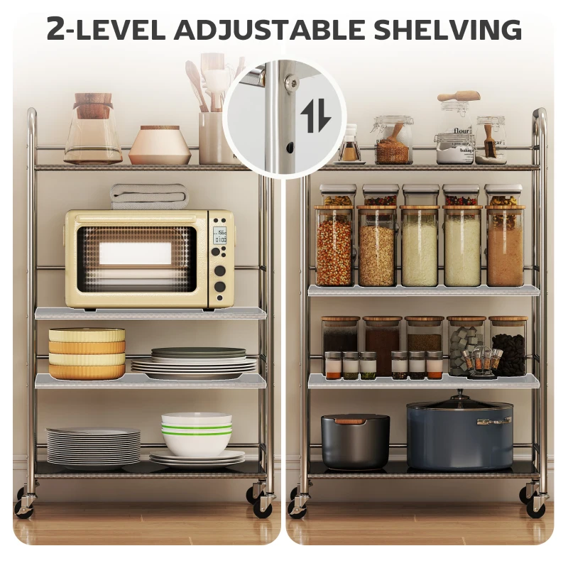 HOMCOM 4 Tier Stainless Steel Kitchen Storage Trolley with Adjustable Shelves - Silver
