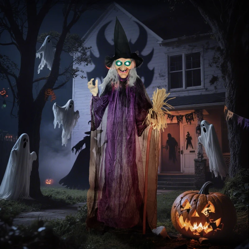 Outsunny 6ft Animated Witch Decoration, with Sound - Purple/White