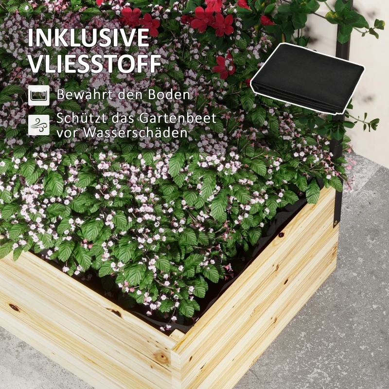 Outsunny Houten verhoogde plantenbak met klimrek, voering van vliesstof, natuurlijk hout, staal, 80x38x145 cm, zwart
