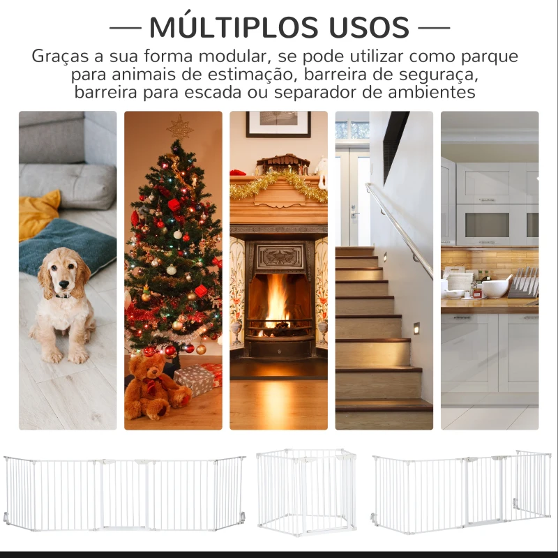 PawHut Barreira de Segurança para Animais de Estimação Barreira Dobrável de 5 Painéis com Fechadura Inteligente 300x74,5 cm Branco