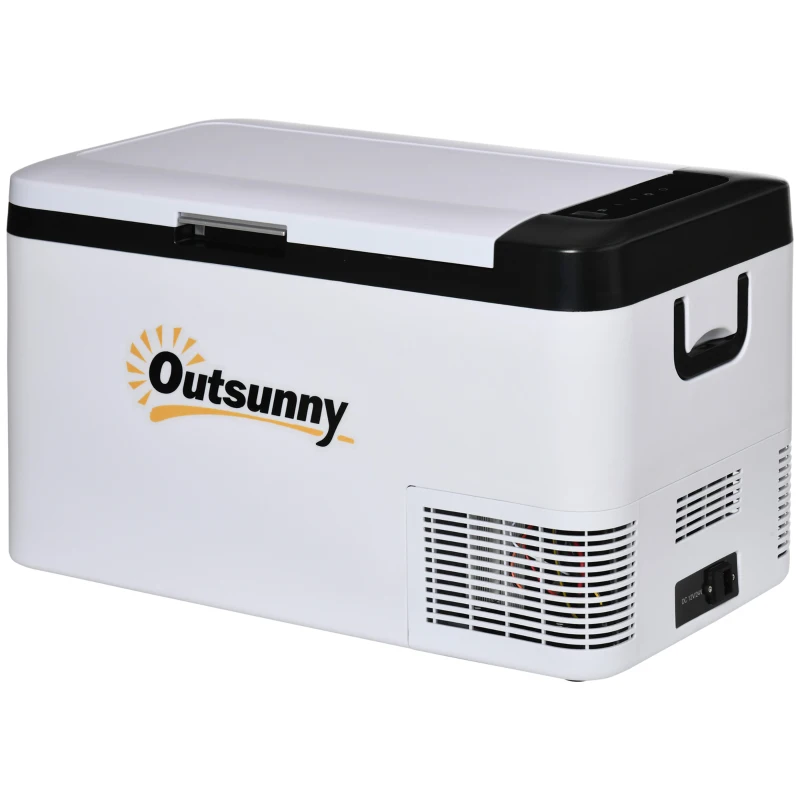 Outsunny Geleira Elétrica de Compressor 25L Portátil até -20℃ com Luz LED e Alças Dobráveis Geleira de Carro 12V/24V e 240V para Casa Campismo Viagem 58,5x33,5x35,2cm Branco