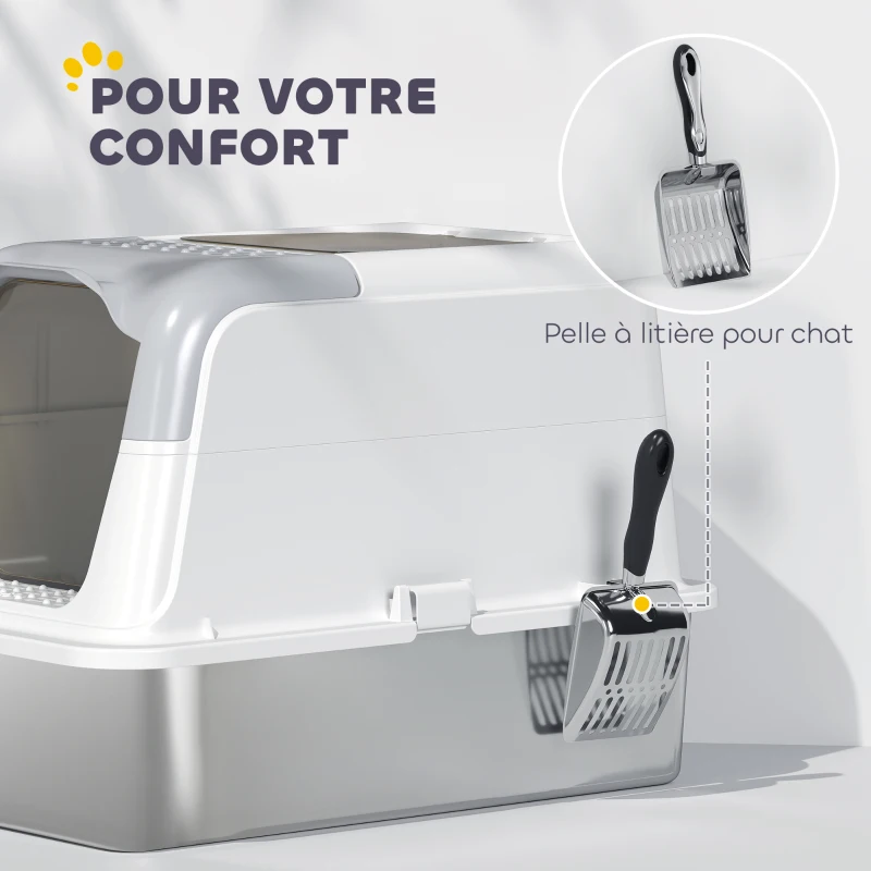 PawHut Maison de toilette pour chat bac à litière fermé bac acier inoxydable, nettoyage facile, 60,4 x 40,4 x 41,8 cm, blanc