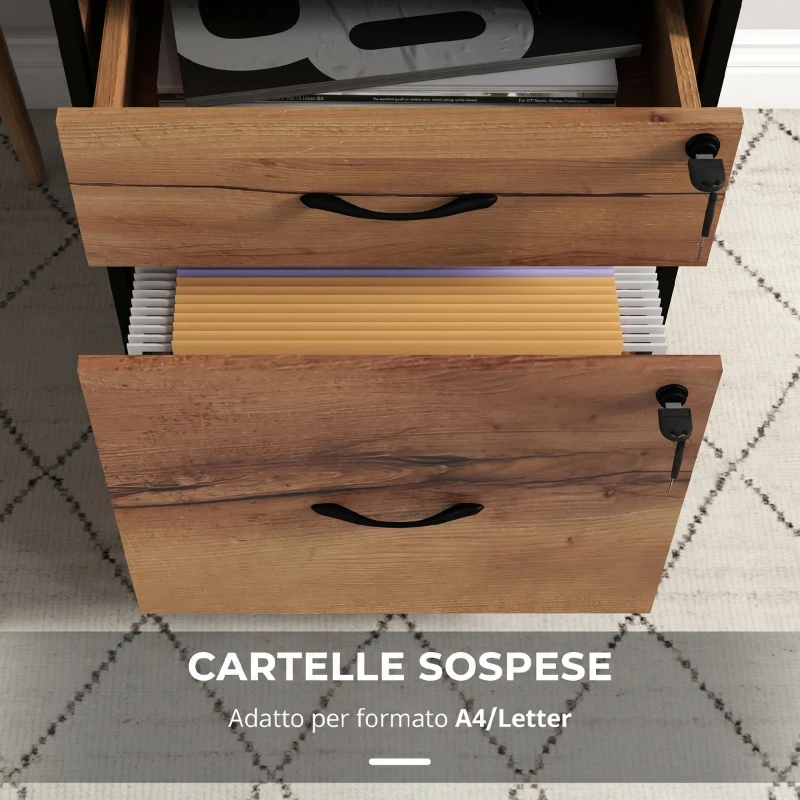 Vinsetto Cassettiera da Ufficio con 2 Cassetti con Serratura, Mobile con Ruote e Barra per Cartelle A4 e Lettera, 44 x 40 x 66.5 cm, Marrone Rustico