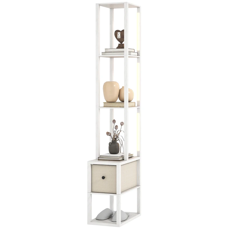 HOMCOM Candeeiro de Pé Moderno com Prateleiras Abertas Gaveta de Tecido e Interruptor de Pé 43,5x26,5x169 cm Branco