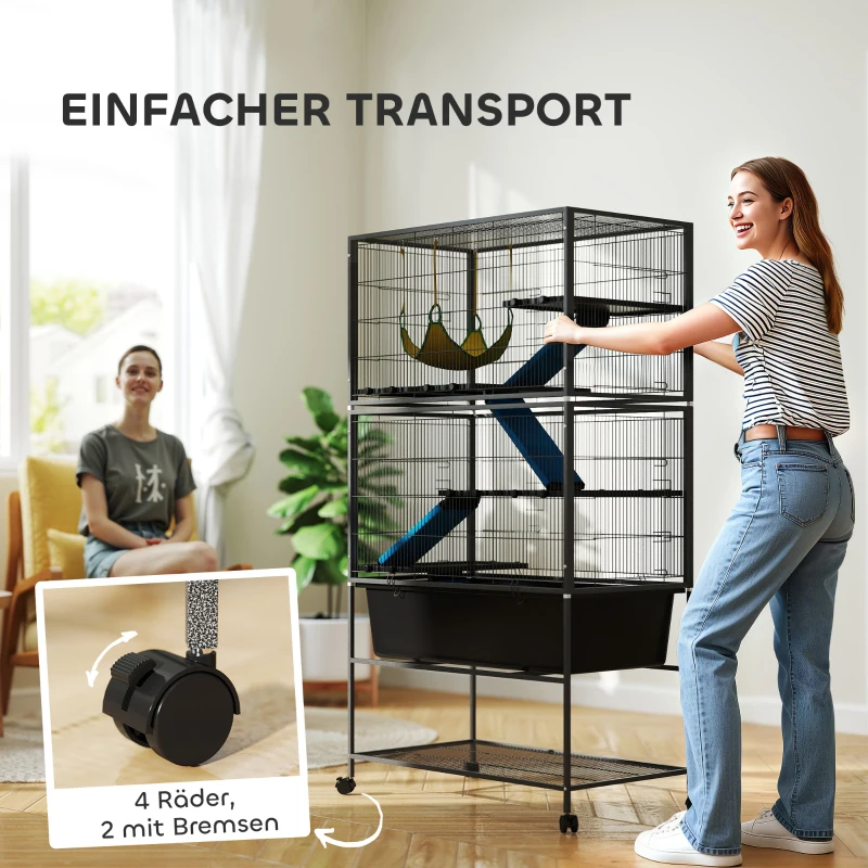 PawHut Kleindierenkooi, Huisdierkooi met 5 Niveaus, Anti-Slip Rampen, Hangmat, 88 x 48 x 150,5 cm, Donkergrijs