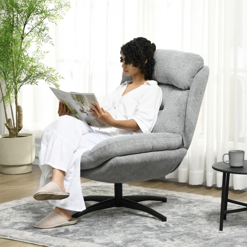 HOMCOM draaibare loungestoel voor de woonkamer, brede zitting, dikke kussens, comfortabele relaxstoel in chenille-look, waterafstotend, ideale leesstoel voor het slaapkamer, grijs