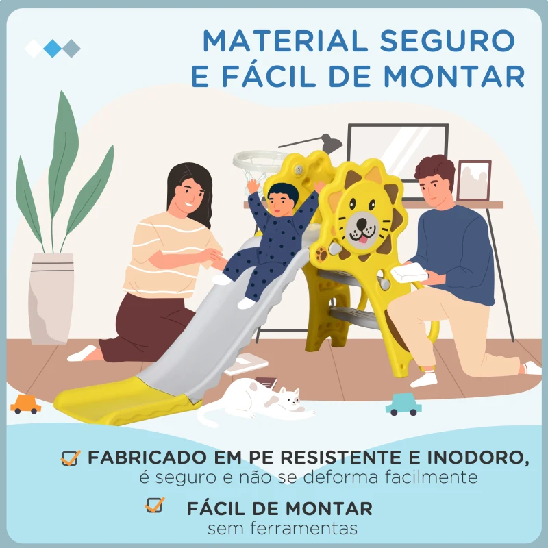 AIYAPLAY Escorrega para Crianças 2 em 1 com 2 Degraus Cesta de basquetebol e Desenho de Leão para Interior 131x50x74 cm Amarelo e Cinza