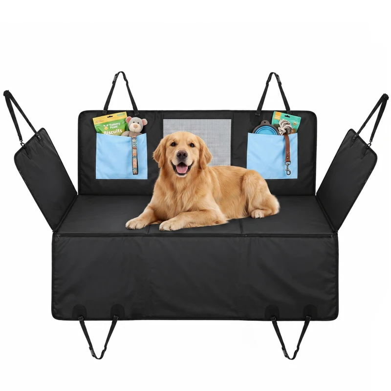 PawHut Dog Car Seat Cover, Waterproof Dog Travel Hammock w/ Non-Slip & Anti-Scratch Surface, Mesh Window and Pockets, Blue