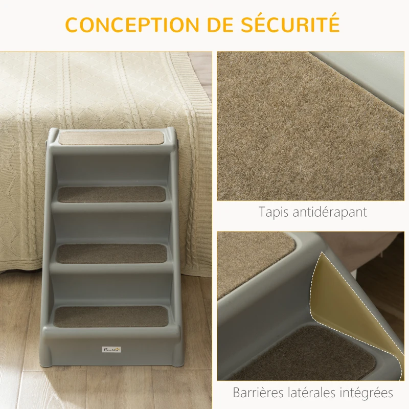 PawHut Escalier pour chien pliant à 4 marches antidérapantes escalier pour animaux en plastique 62 x 38 x 49,5 cm gris