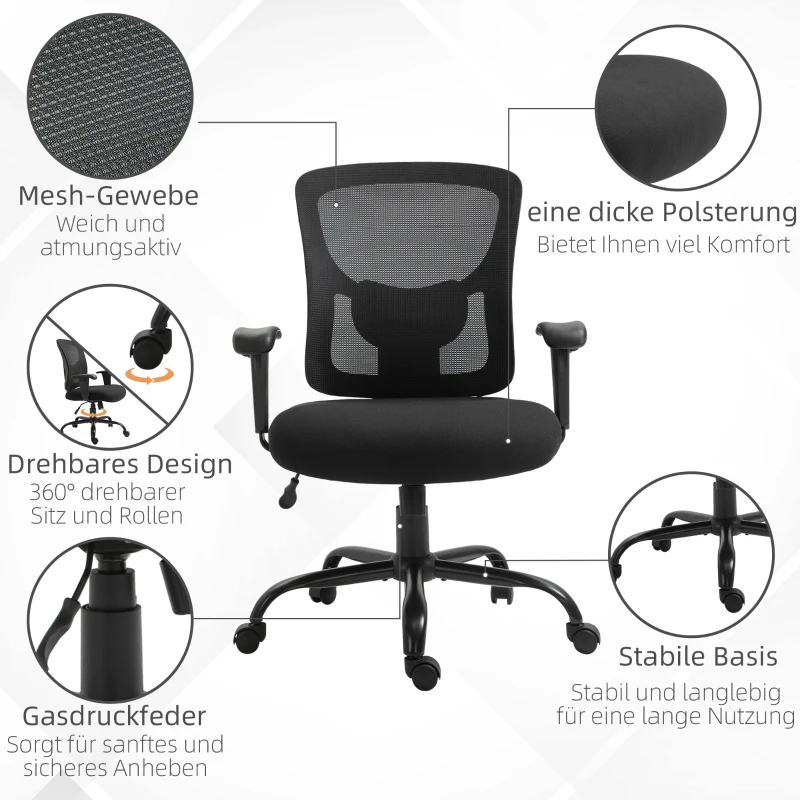 Vinsetto Mesh Bürostuhl Schreibtischstuhl Drehstuhl 360° drehbar mit Armlehne Höhenverstellbar mit Wippfunktion Belastbarkeit bis 180 kg Schwarz 71 x 63,5 x 100-110 cm