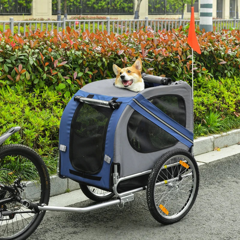 PawHut Remorque vélo pour chien animaux 8 réflecteurs drapeau barre attelage inclus acier polyester imperméable max. 30 Kg 130L x 73l x 90H cm bleu