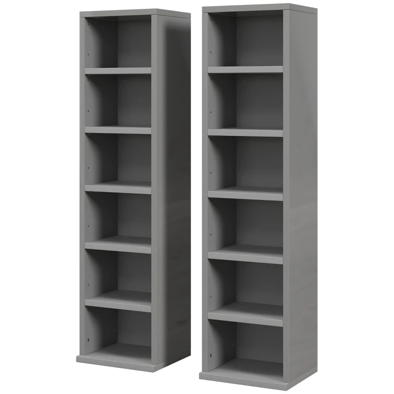 HOMCOM Set of 2 CD Media Display Shelf Unit Tower Rack with Adjustable Shelves, High Gloss Grey