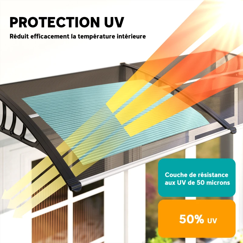 Outsunny Auvent de porte toit marquise en polycarbonate auvent de porte d'entrée bord en aluminium contre la pluie et UV