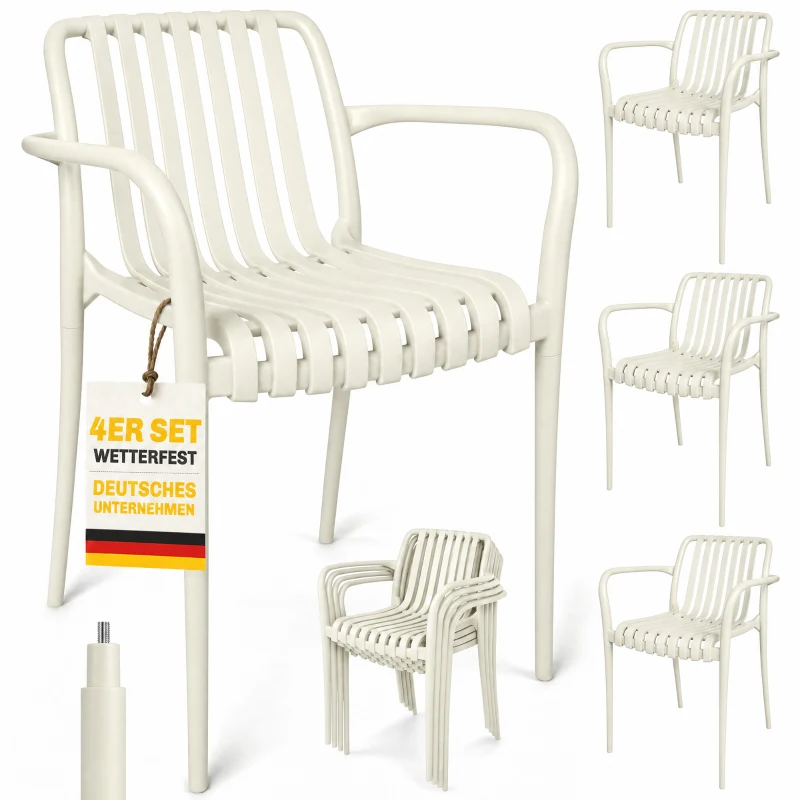 Outsunny Gartenstühle 4er Set Stapelbare Terrassenstühle mit Lamelldesign Armlehnen, Ergonomisch Cremeweiß