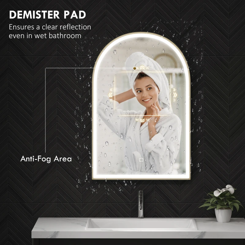 HOMCOM 90 x 60 cm Bathroom Mirror with LED Lights, Anti-Fog Arched Vanity Mirror with 3 Colour Dimmable, Gold Tone