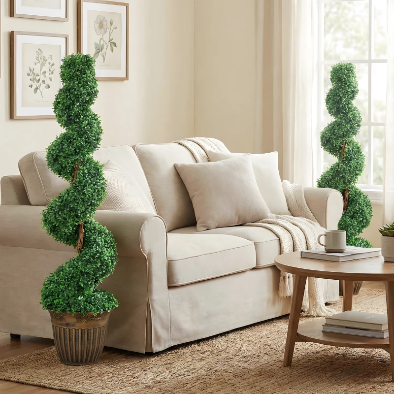 HOMCOM Conjunto 2 Plantas Artificiais de Buxo em Espiral 120cm com Vaso Incluído para Decoração Interior e Exterior Verde