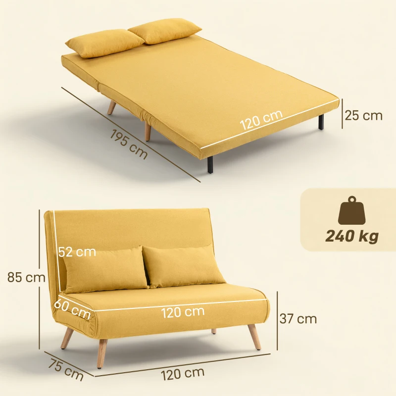 HOMCOM Sofá-Cama de 2 Lugares Dobrável Estofado em Linho com Encosto Ajustável em 5 Posições e 2 Almofadas Amarelo