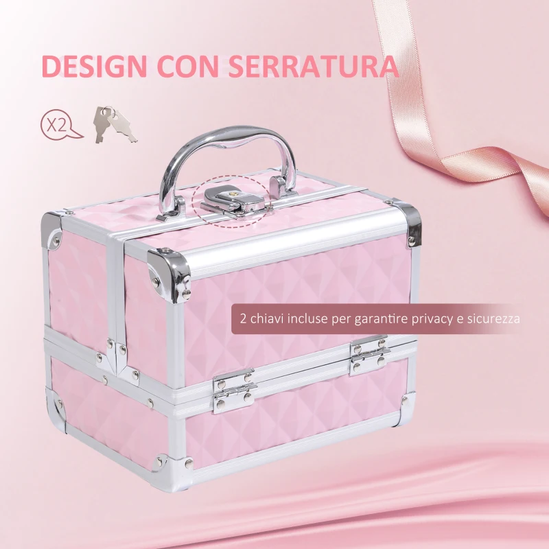 HOMCOM Valigetta Porta Trucchi con Profili in Alluminio, Maniglia e Vassoio Cantilever, 20x15x15cm, Rosa