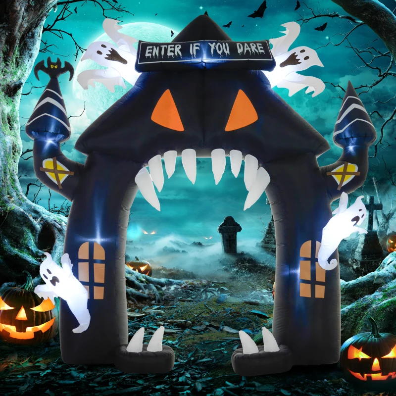 Outsunny Opblaasbare Halloween-boog, 4 Geesten, LED-lampjes, Waterdicht, 300 x 76 x 300 cm
