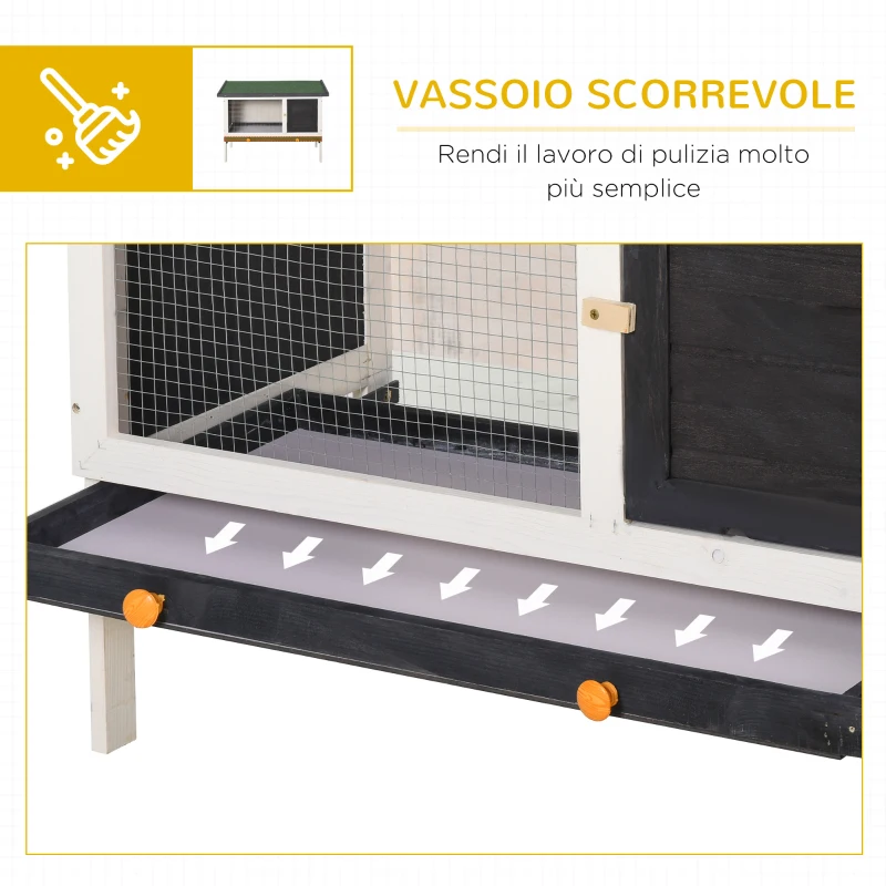 PawHut Conigliera da Esterno in Legno d'Abete con Vassoio Estraibile, Tetto Apribile in Bitume e Rete, 90x45x65 cm