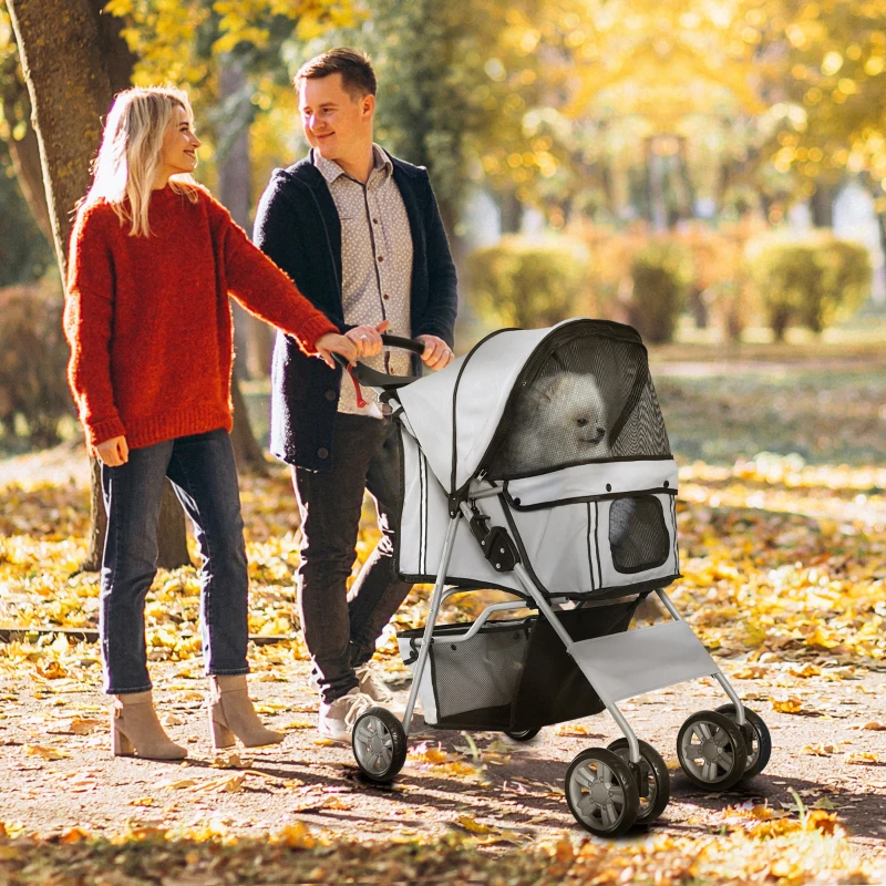 PawHut Poussette buggy pliable animaux chariot pliante chien chat porte-gobelet panier de rangement inclus roues avec frein tissu 600D Oxford acier 75 x 45 x 97 cm gris