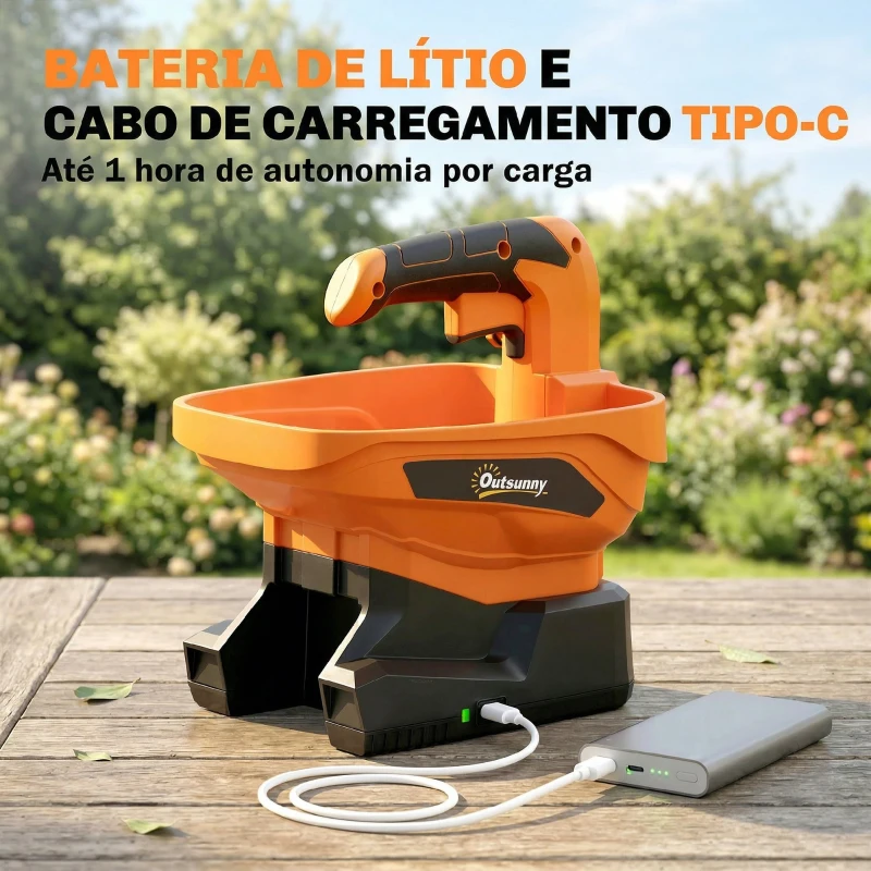 Outsunny Distribuidor Portátil 3,3 L 8 Níveis de Fluxo Largura de Dispersão Ajustável Porta USB para Relva Sal até 800 m² Laranja