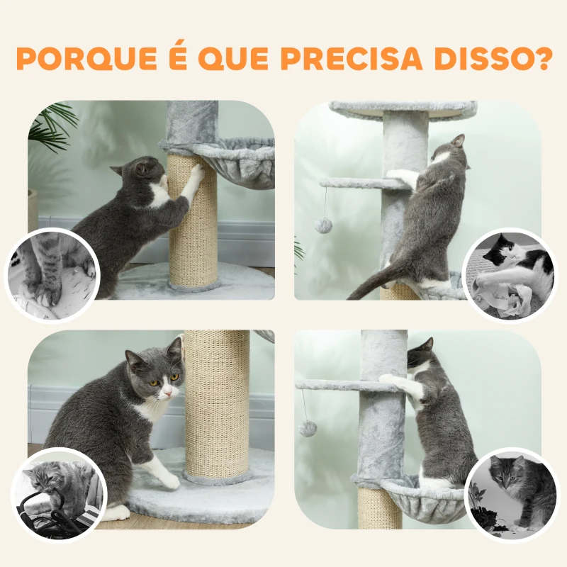 PawHut Arranhador para Gatos 103,5 cm Torre para Gatos com Cama Rede Plataforma Poste de Sisal Extra Grosso Bola Pendurada Cinza Claro