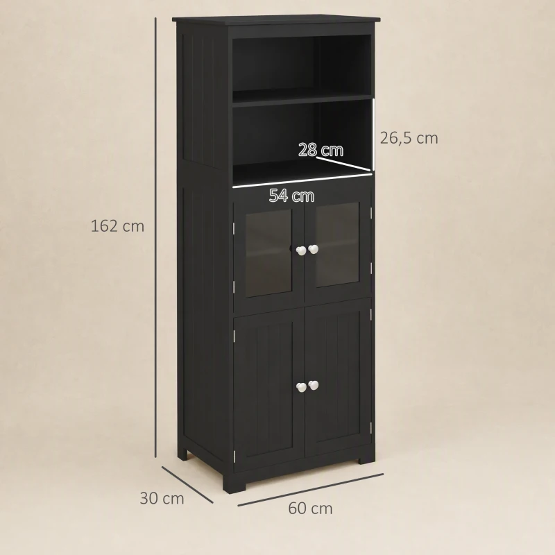 HOMCOM Armário de Cozinha com 2 Portas de Vidro Temperado 2 Prateleiras Abertas e Armário com Prateleira Ajustável 60x30x162 cm Preto