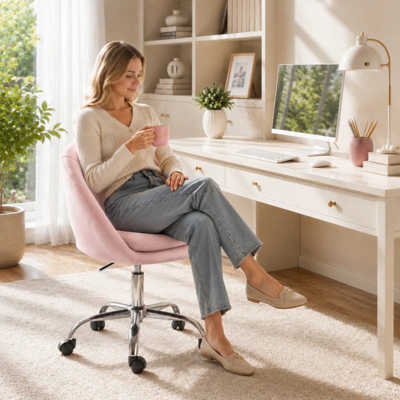 HOMCOM Velvet Desk Chair, Modern Office Chair with Height-Adjustable, Wheels, for Home Study Bedroom, Pink