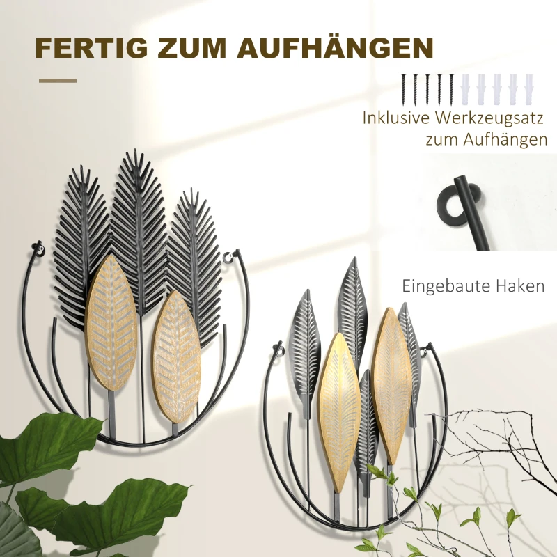 HOMCOM 3D-metalen wanddecoratie modern zwart+goud 40 x 46 cm, set van 2 stuks