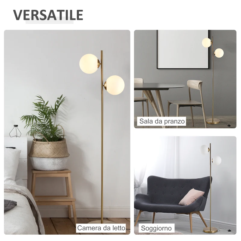 HOMCOM Lampada da Terra con 2 Luci e Paralumi a Sfera, Interruttore a Pedale e Attacco E27, Ø28x165 cm, Oro