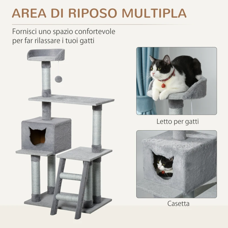 PawHut Tiragraffi Palestra per Gatti Multilivello con Casetta Scala Piattaforme, Pali in Corda di Juta, Grigio, 60.5x40x124cm