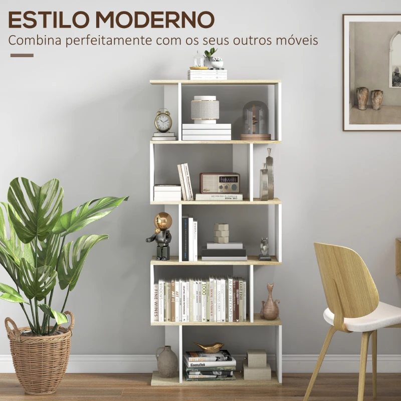 HOMCOM Estante para Livros Estilo Nórdico Estante com 5 Prateleiras Anti-Tombo Carga 25 kg 70x29,5x163 cm Branco e Madeira