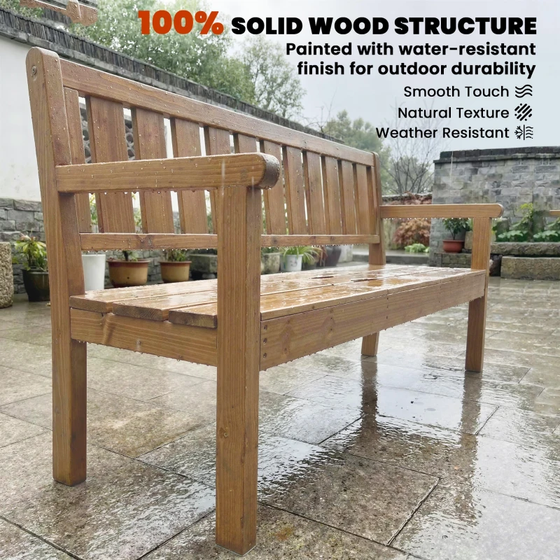 Outsunny Wooden Garden Bench with Liftable Table & Shelf, 2-3-Seater Outdoor Loveseat with Fir Wood Frame, Teak