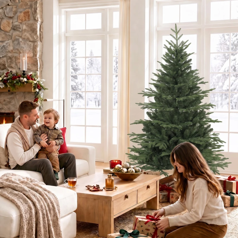 HOMCOM 150cm Artificial Christmas Tree Full Hinged Xmas Tree Solid Pine Wood Stand, Green