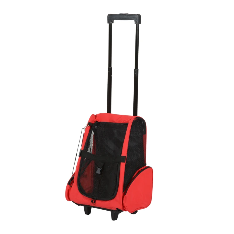 PawHut Trasportino Zaino 2 in 1 per Cani e Gatti con Tasche Laterali, Maniglia Telescopica e Ruote, 42x25x55cm, Rosso