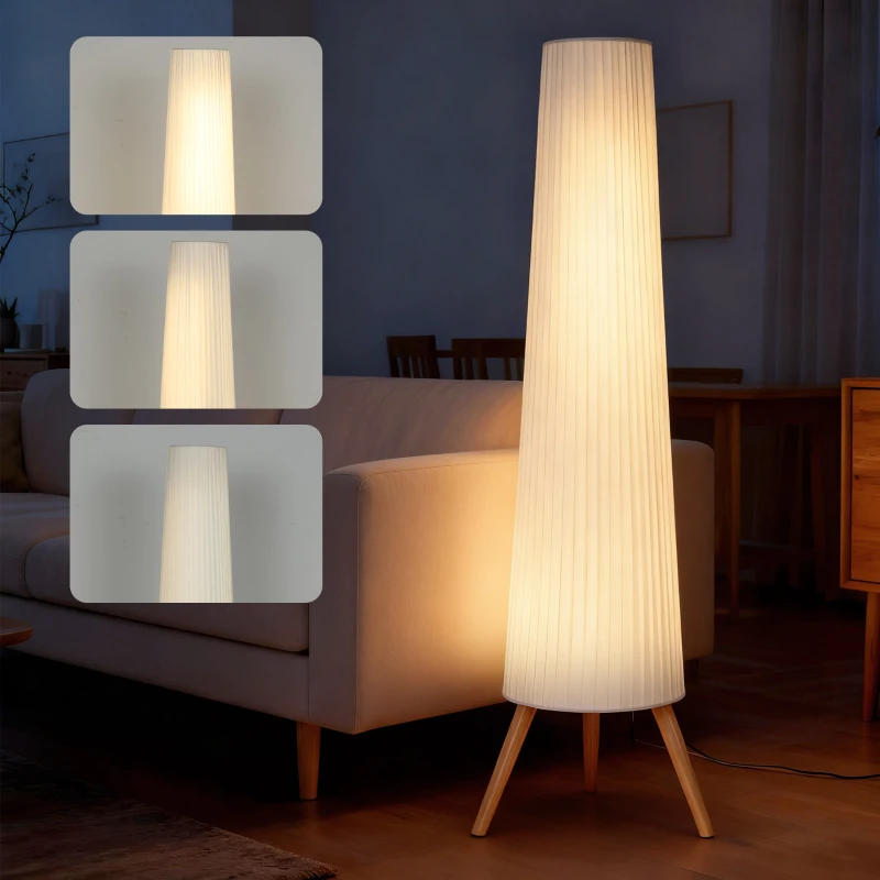 HOMCOM LED Stehlampe Wohnzimmer Dimmbar Holz mit Dreibein, Stehleuchte mit Fußschalter, 46 x 46 x 153 cm, Weiß